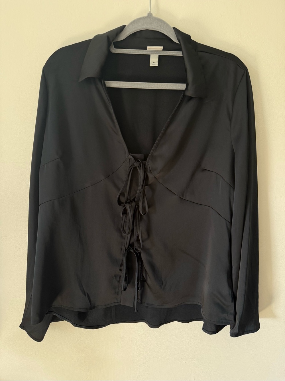 a new day Black Satin Lace-Up Collared Blouse